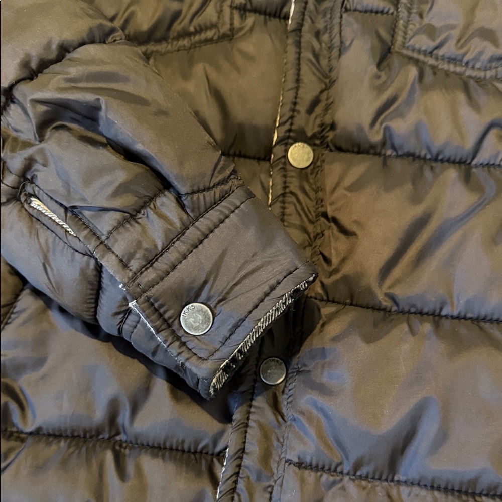 IKKS brand Kids Reversible Black Puffer Jacket, interior soft cream plaid, size - Picture 4 of 8